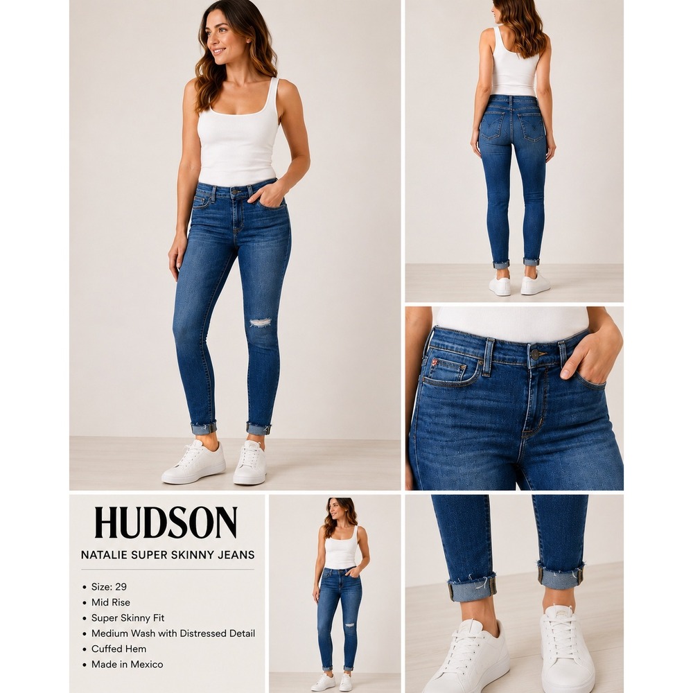 Hudson Natalie Super Skinny Jeans Medium Wash Distressed Cuffed Denim‎ Size 29